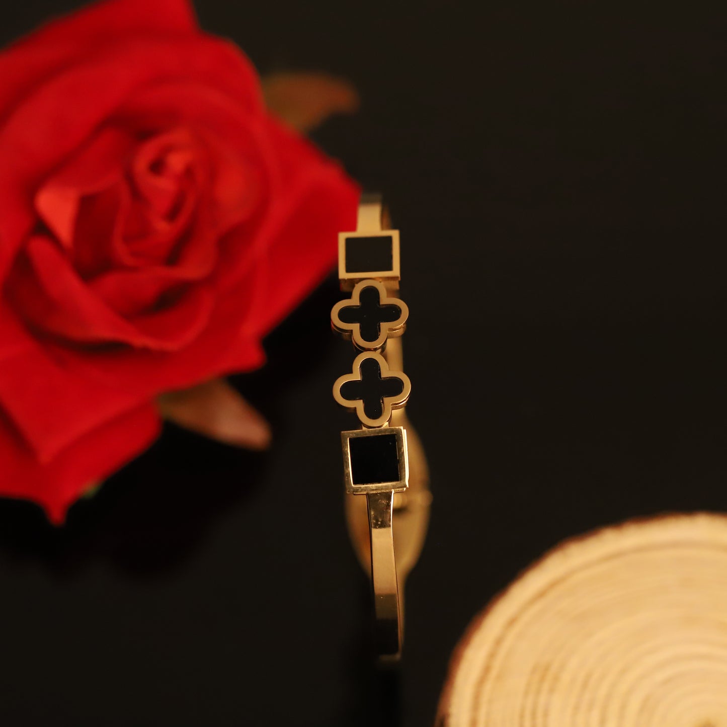 Gold Clover and Square Bangle with Black Inlay | Modern Geometric Bracelet