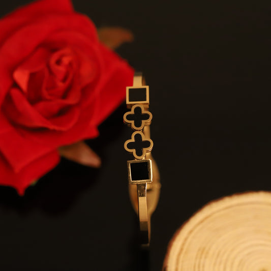 Gold Clover and Square Bangle with Black Inlay | Modern Geometric Bracelet