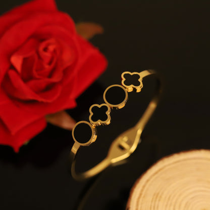 Gold Bangle with Black Clover and Circle Charms | Elegant Mixed Shape Bracelet for Women