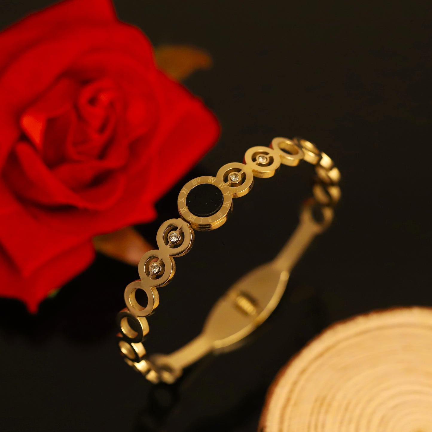 Gold Geometric Bangle with Black Circle and Crystal Accents | Women's Delicate Bracelet