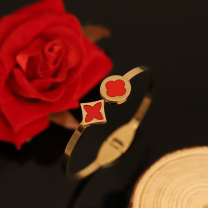 Gold Bangle with Red Clover & Quatrefoil Charms - Elegant Open Cuff Bracelet