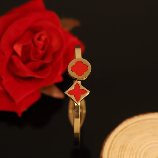 Gold Bangle with Red Clover & Quatrefoil Charms - Elegant Open Cuff Bracelet