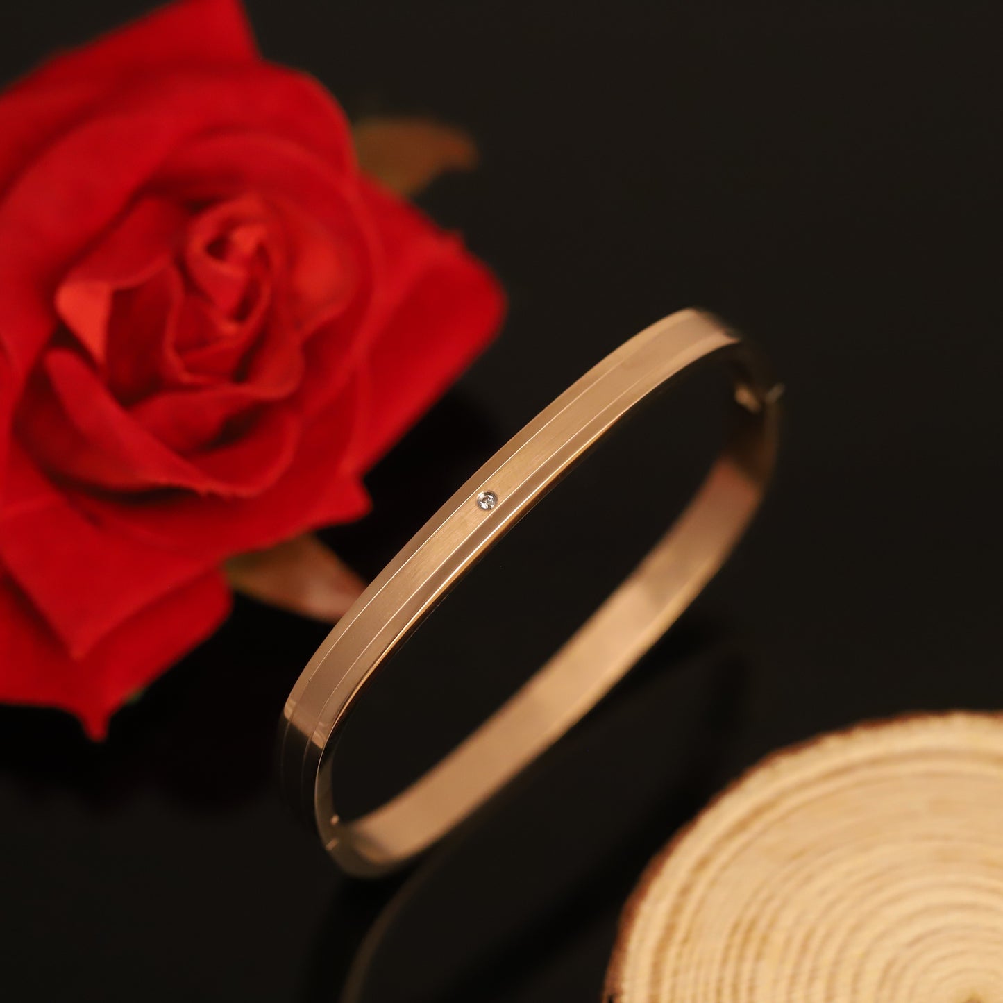 Minimalist Rose Gold Bangle with Single Crystal - Elegant Women's Bracelet