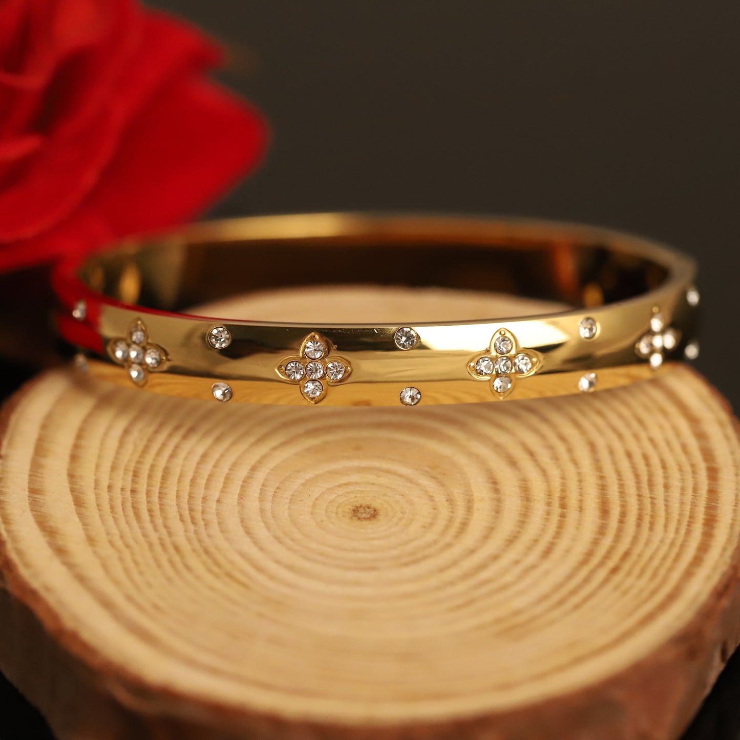 Gold-Plated Crystal Flower Bangle - Elegant Floral Design Bracelet for Women