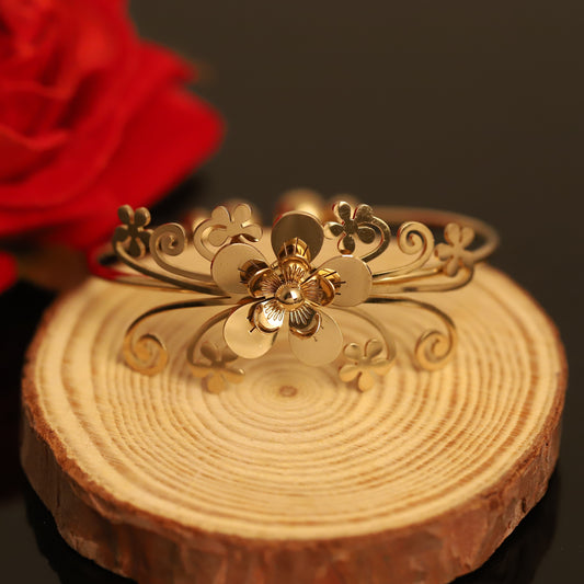 Filigree Gold Flower Bangle - Ornate Floral Cuff Bracelet