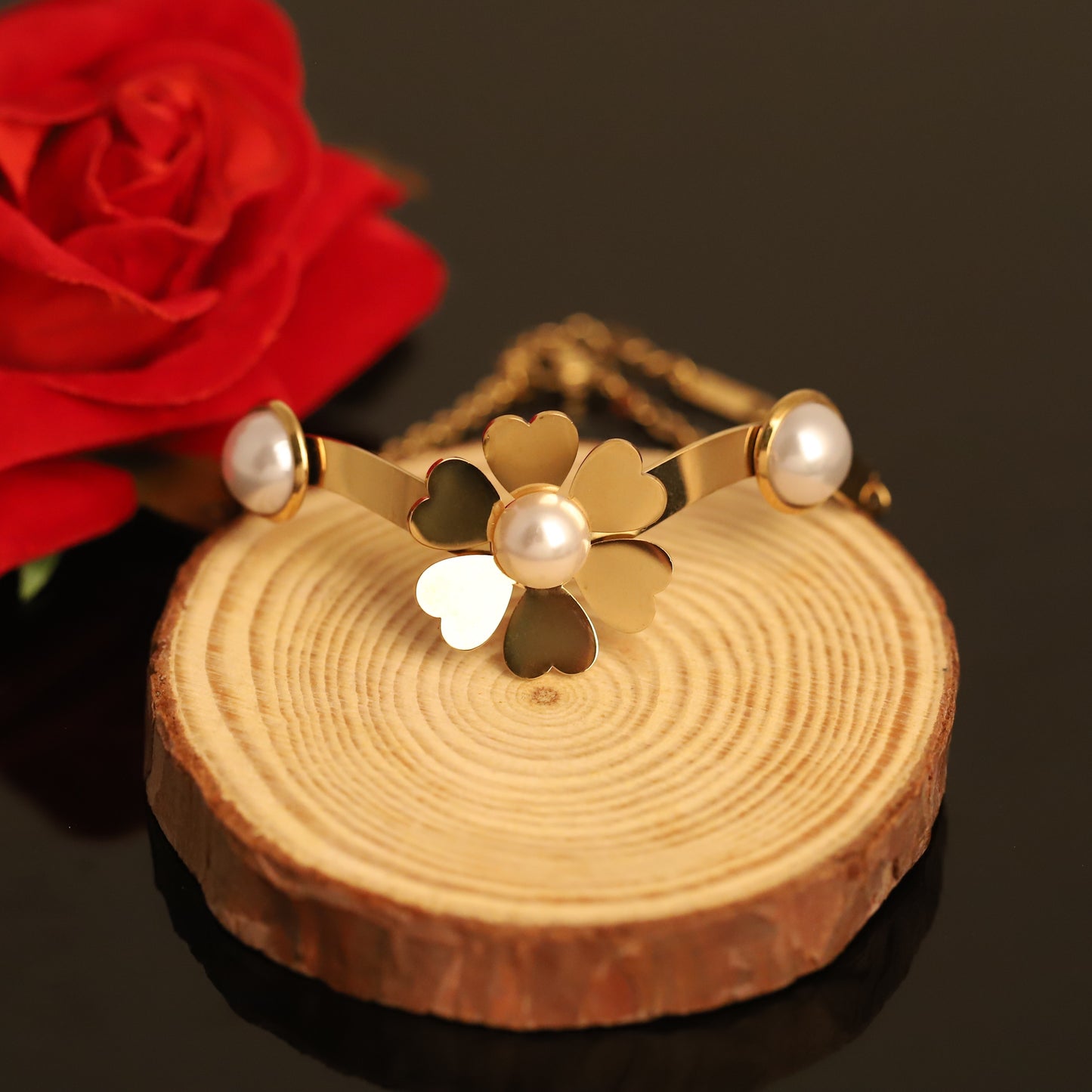 Gold Clover & Pearl Open Bangle - Elegant Floral Cuff Bracelet