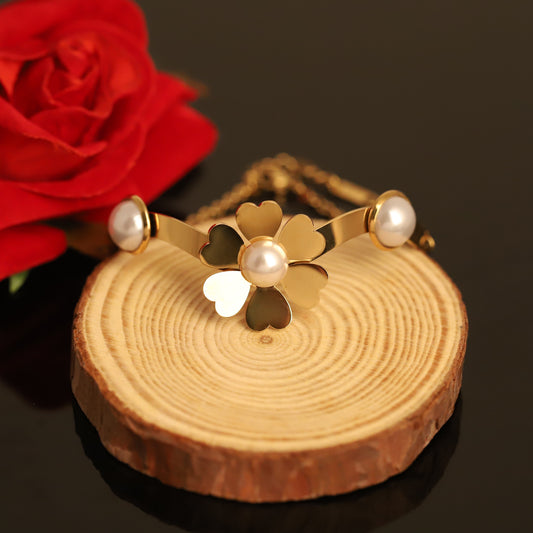 Gold Clover & Pearl Open Bangle - Elegant Floral Cuff Bracelet