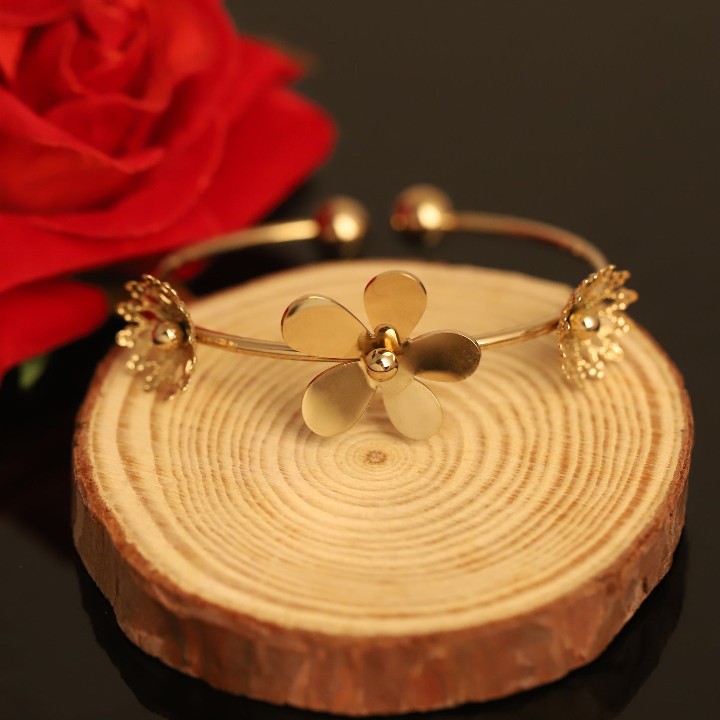 Open Cuff Gold Flower Bangle - Floral Statement Bracelet