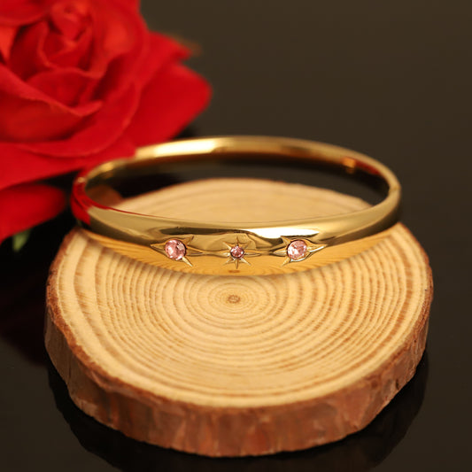 Minimalist Gold Bangle with Pink Crystals - Elegant Women's Bracelet