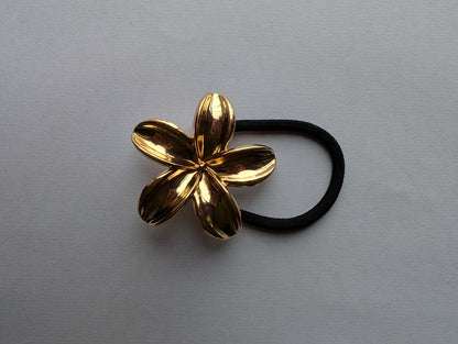 Elegant Gold Flower Hair Tie | Floral Metal Elastic Ponytail Holder | Chic Hair Accessory