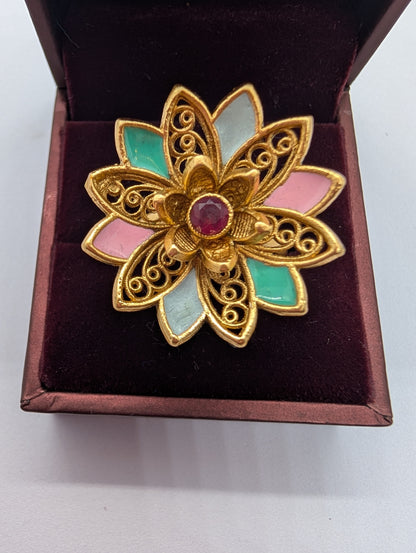 Vintage Gold Plated Filigree Flower Ring with Enamel & Ruby | Statement Cocktail Ring