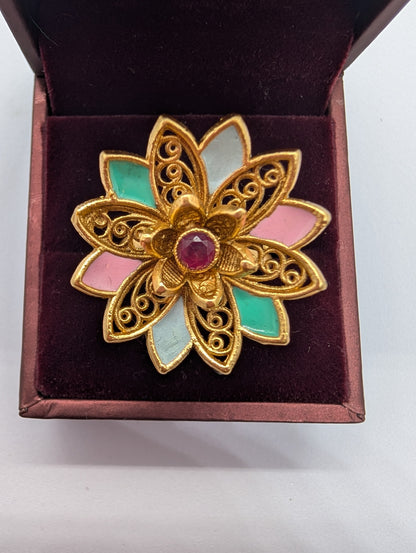 Vintage Gold Plated Filigree Flower Ring with Enamel & Ruby | Statement Cocktail Ring