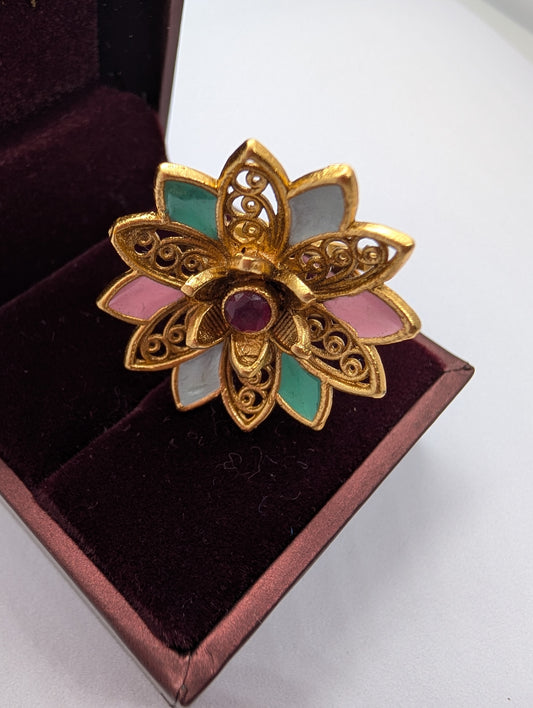 Vintage Gold Plated Filigree Flower Ring with Enamel & Ruby | Statement Cocktail Ring