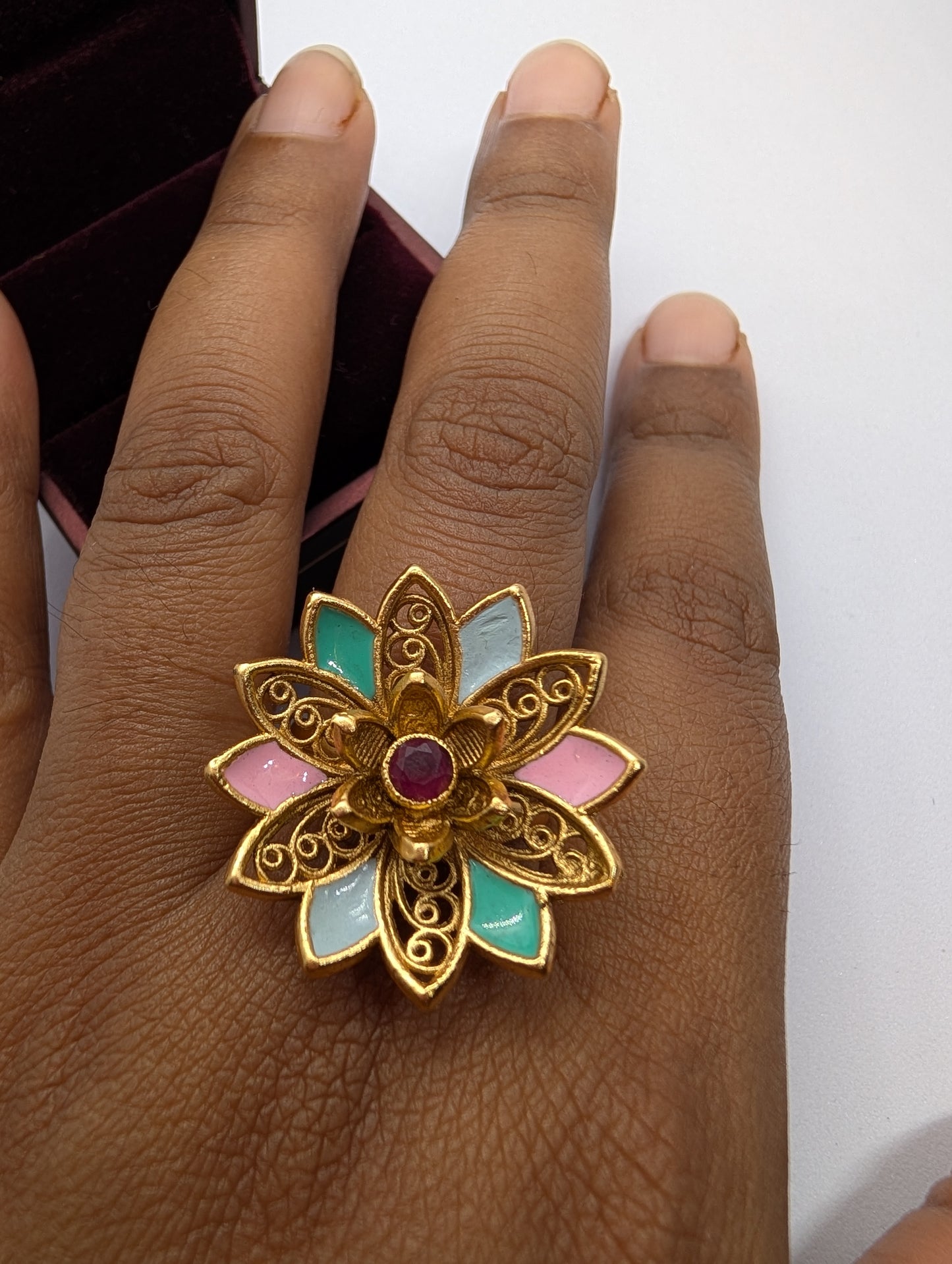 Vintage Gold Plated Filigree Flower Ring with Enamel & Ruby | Statement Cocktail Ring
