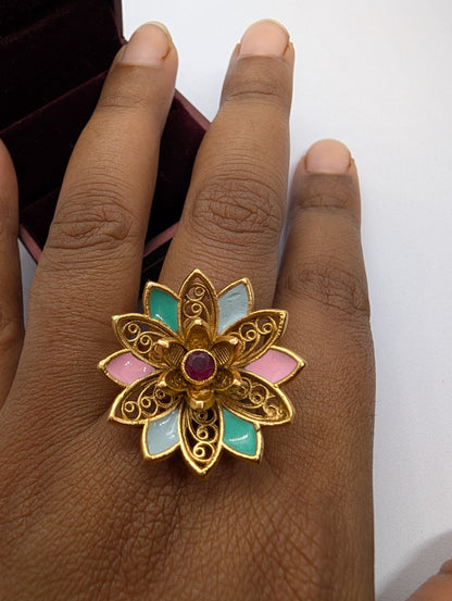 Vintage Gold Plated Filigree Flower Ring with Enamel & Ruby | Statement Cocktail Ring