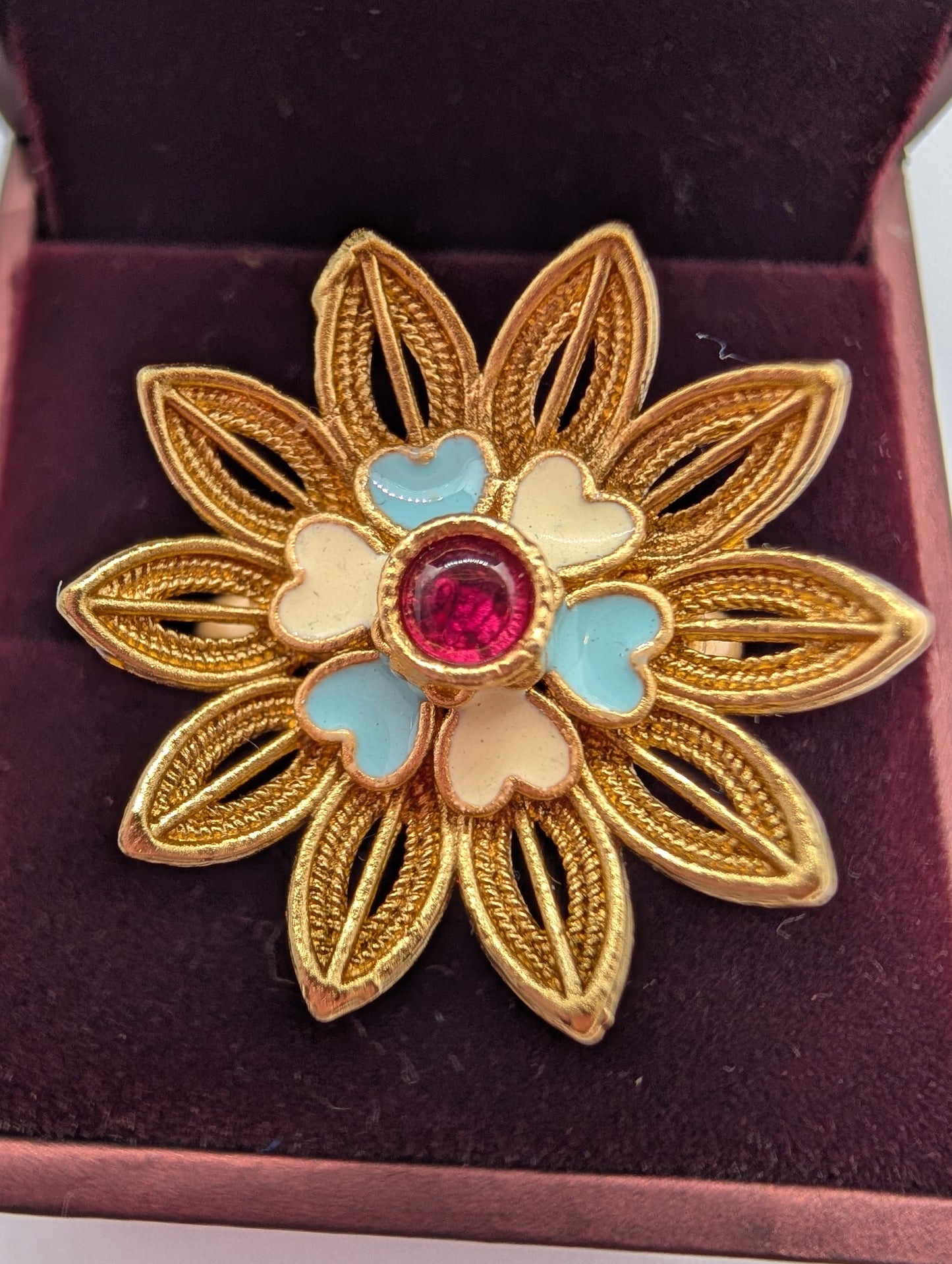 Gold Filigree Flower Ring with Pastel Heart Enamel & Central Ruby Gem | Vintage Style