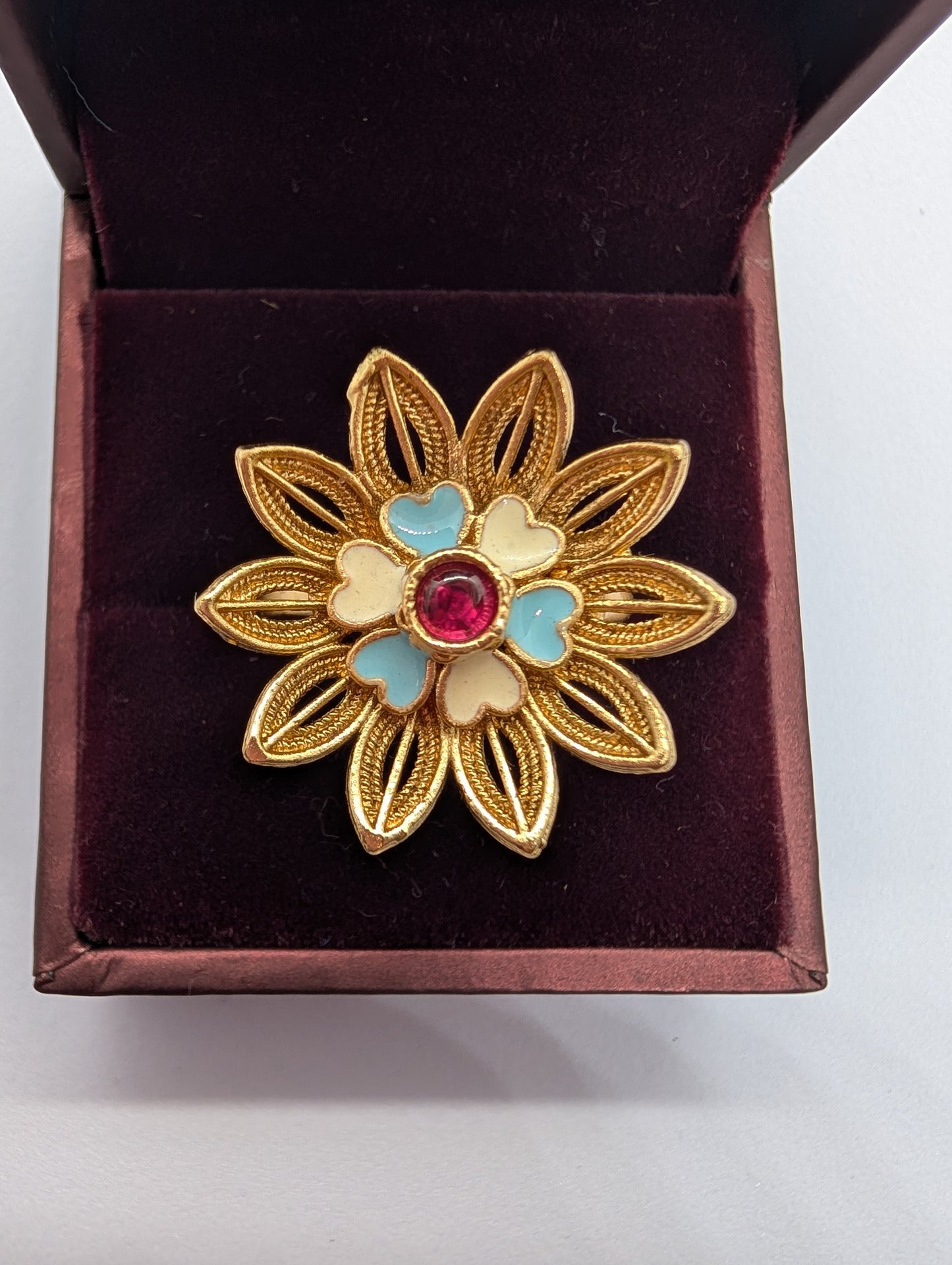 Gold Filigree Flower Ring with Pastel Heart Enamel & Central Ruby Gem | Vintage Style