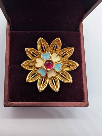 Gold Filigree Flower Ring with Pastel Heart Enamel & Central Ruby Gem | Vintage Style