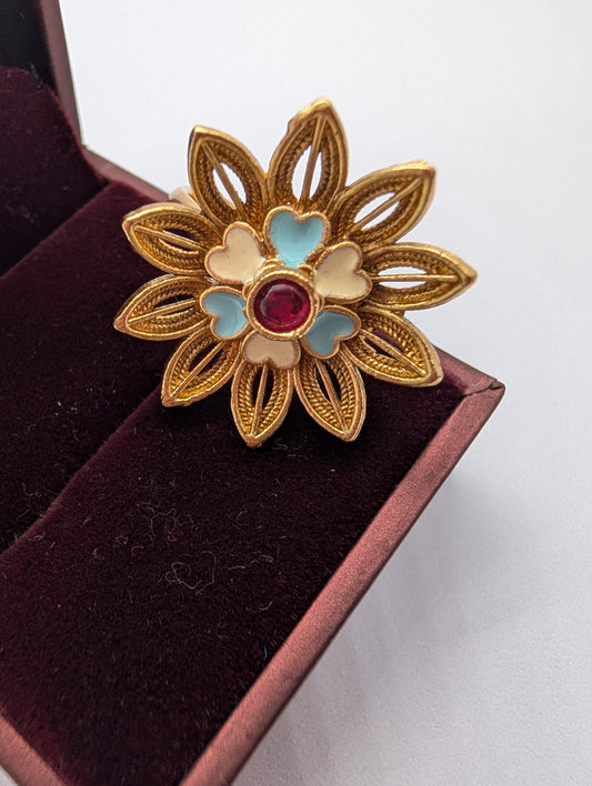 Gold Filigree Flower Ring with Pastel Heart Enamel & Central Ruby Gem | Vintage Style