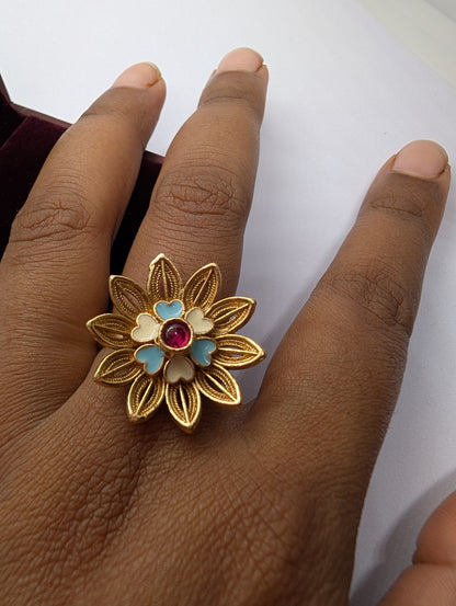 Gold Filigree Flower Ring with Pastel Heart Enamel & Central Ruby Gem | Vintage Style