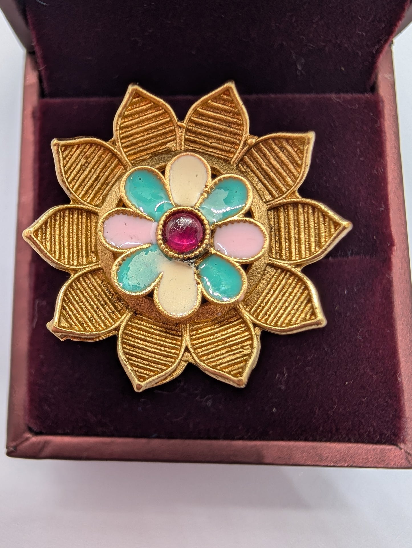 Art Deco Inspired Gold Plated Flower Ring | Textured Petals & Pastel Enamel Gemstone Center