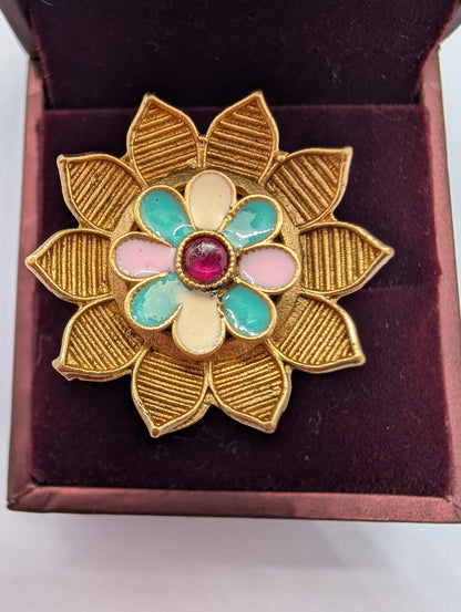 Art Deco Inspired Gold Plated Flower Ring | Textured Petals & Pastel Enamel Gemstone Center