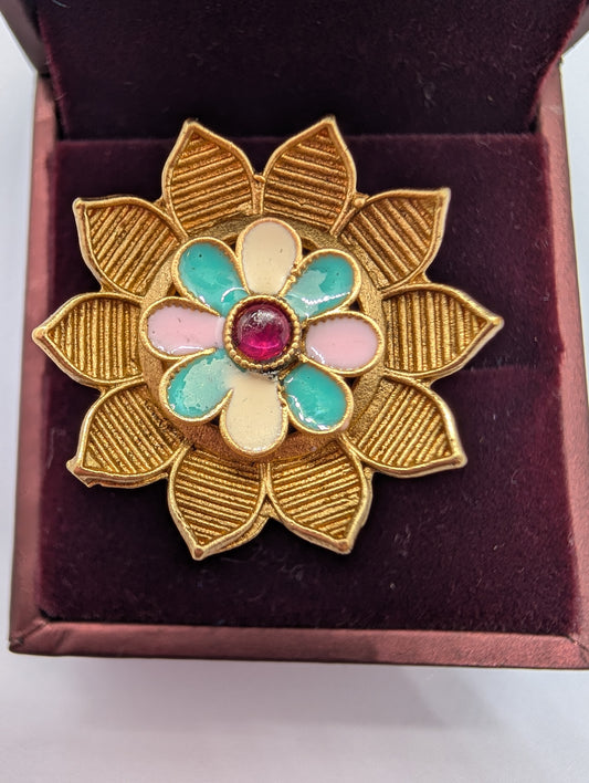 Art Deco Inspired Gold Plated Flower Ring | Textured Petals & Pastel Enamel Gemstone Center