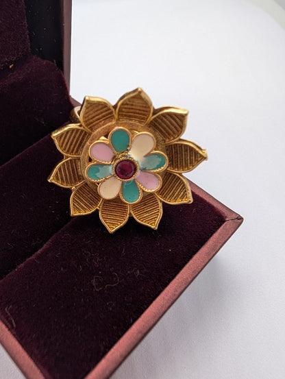 Art Deco Inspired Gold Plated Flower Ring | Textured Petals & Pastel Enamel Gemstone Center