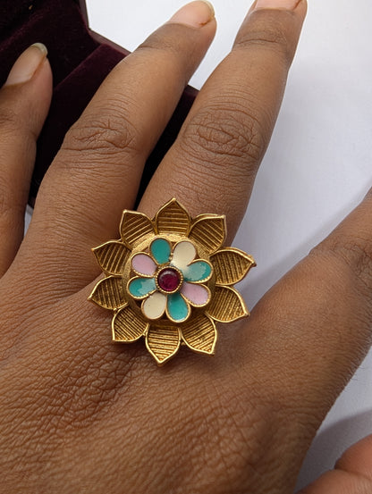Art Deco Inspired Gold Plated Flower Ring | Textured Petals & Pastel Enamel Gemstone Center