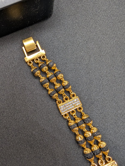 Luxurious Gold Plated Diamond Mahakal Bracelet for Men - Black Bead Multi-Strand Kada/Wristband