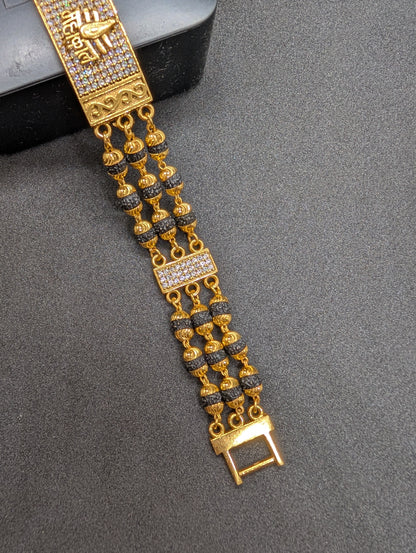 Luxurious Gold Plated Diamond Mahakal Bracelet for Men - Black Bead Multi-Strand Kada/Wristband