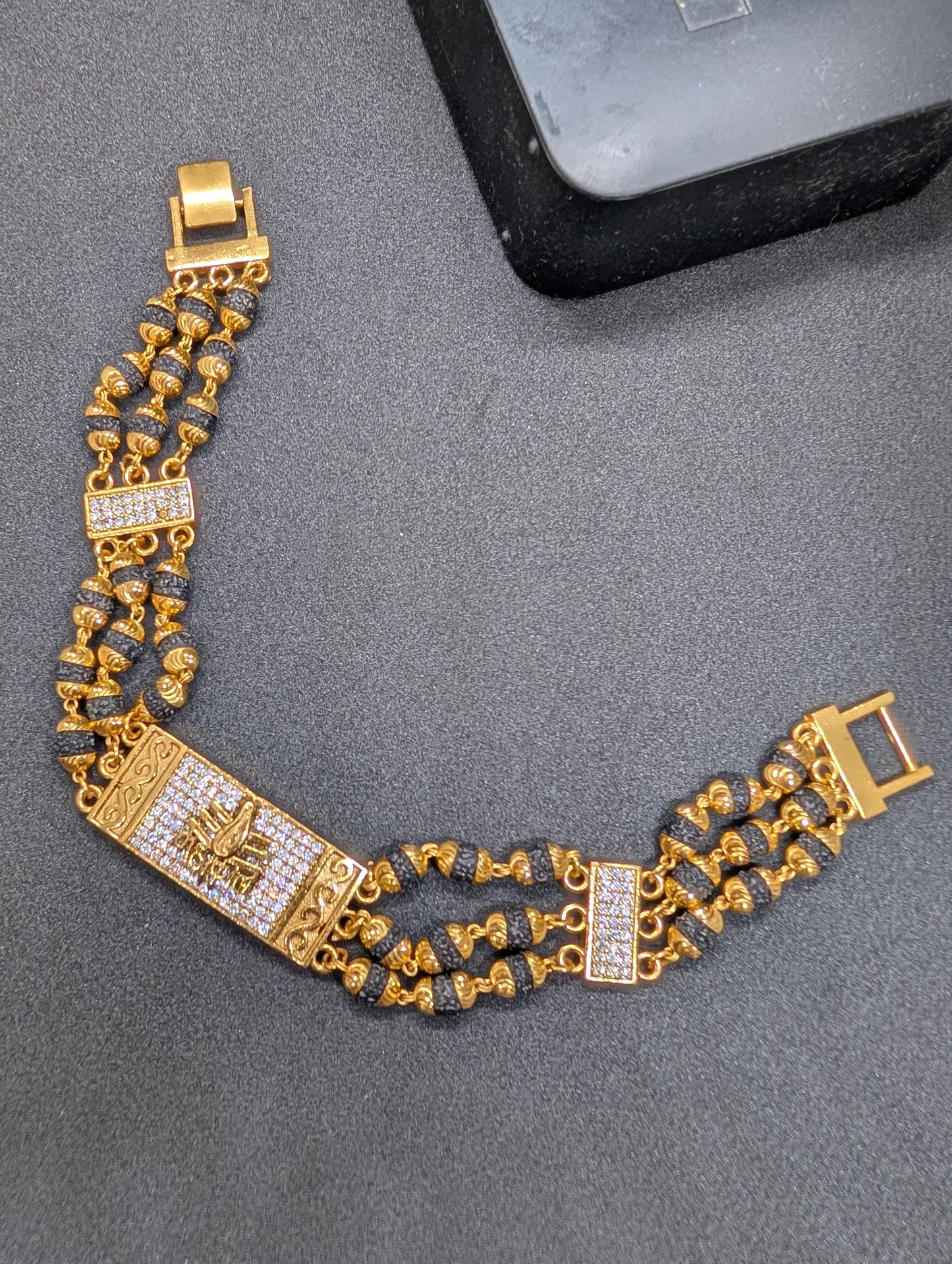 Luxurious Gold Plated Diamond Mahakal Bracelet for Men - Black Bead Multi-Strand Kada/Wristband