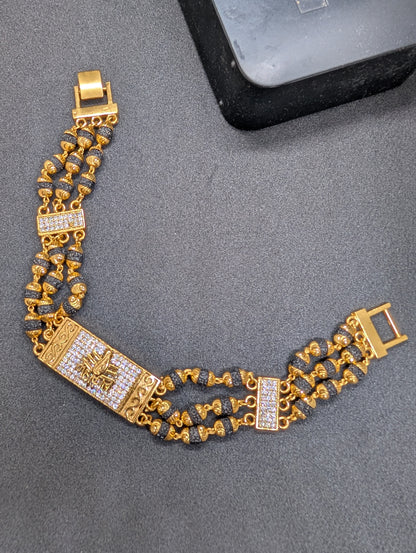 Luxurious Gold Plated Diamond Mahakal Bracelet for Men - Black Bead Multi-Strand Kada/Wristband