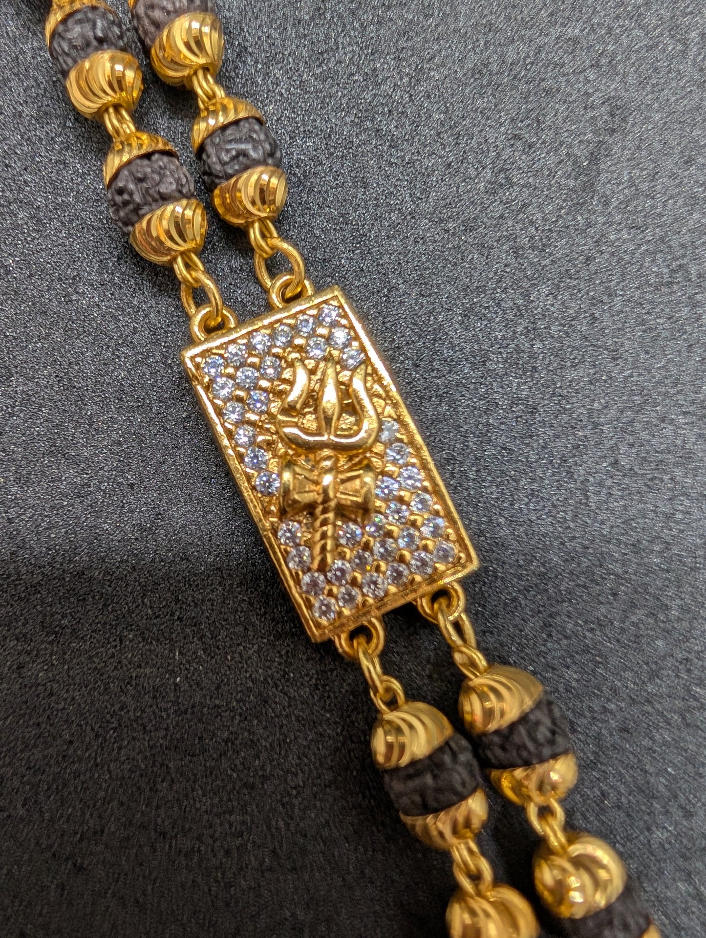 Gold Plated Rudraksha Men's Bracelet with CZ Diamond 'Trishul' Charm | Spiritual & Stylish Jewelry