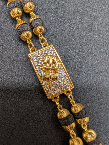 Gold Plated Rudraksha Men's Bracelet with CZ Diamond 'Trishul' Charm | Spiritual & Stylish Jewelry