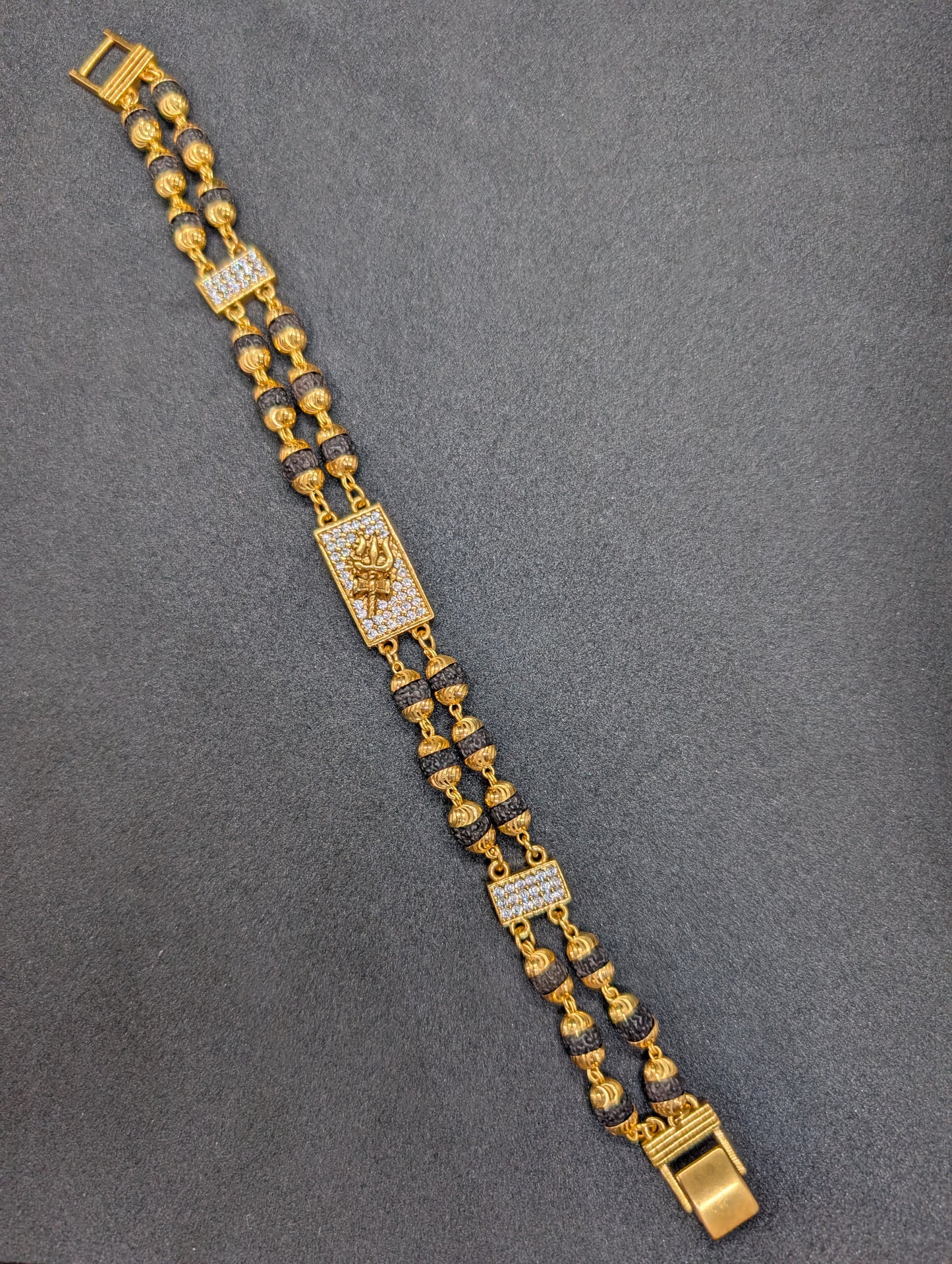 Gold Plated Rudraksha Men's Bracelet with CZ Diamond 'Trishul' Charm | Spiritual & Stylish Jewelry