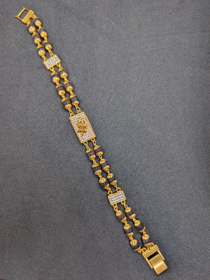 Gold Plated Rudraksha Men's Bracelet with CZ Diamond 'Trishul' Charm | Spiritual & Stylish Jewelry