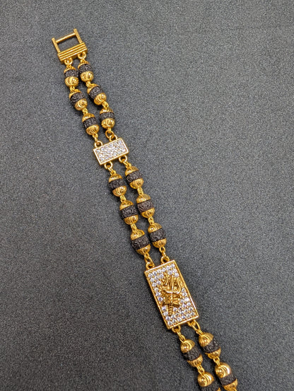 Gold Plated Rudraksha Men's Bracelet with CZ Diamond 'Trishul' Charm | Spiritual & Stylish Jewelry