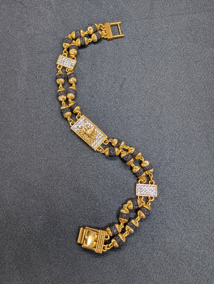 Gold & Rudraksha Beaded Bracelet with Diamond-Studded Spiritual Motif