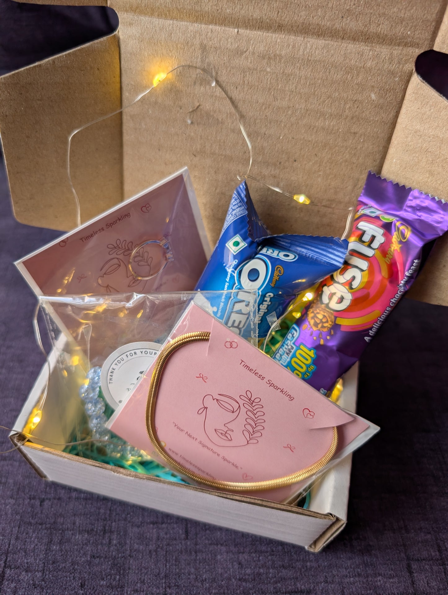 Trendy Gift Hamper for Her: Jewelry, Oreo Cookies & Dairy Milk Fuse Chocolate Box