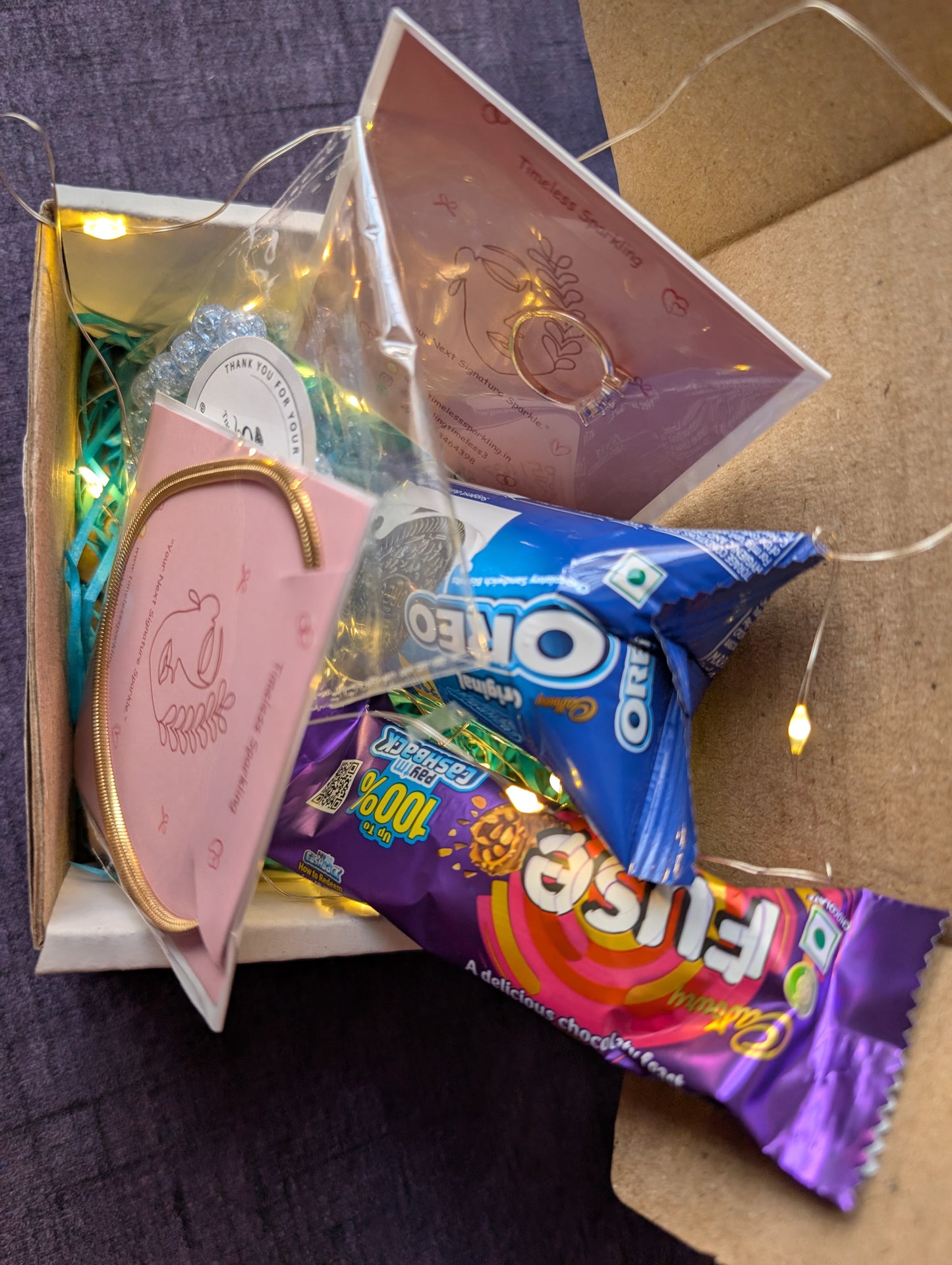 Trendy Gift Hamper for Her: Jewelry, Oreo Cookies & Dairy Milk Fuse Chocolate Box