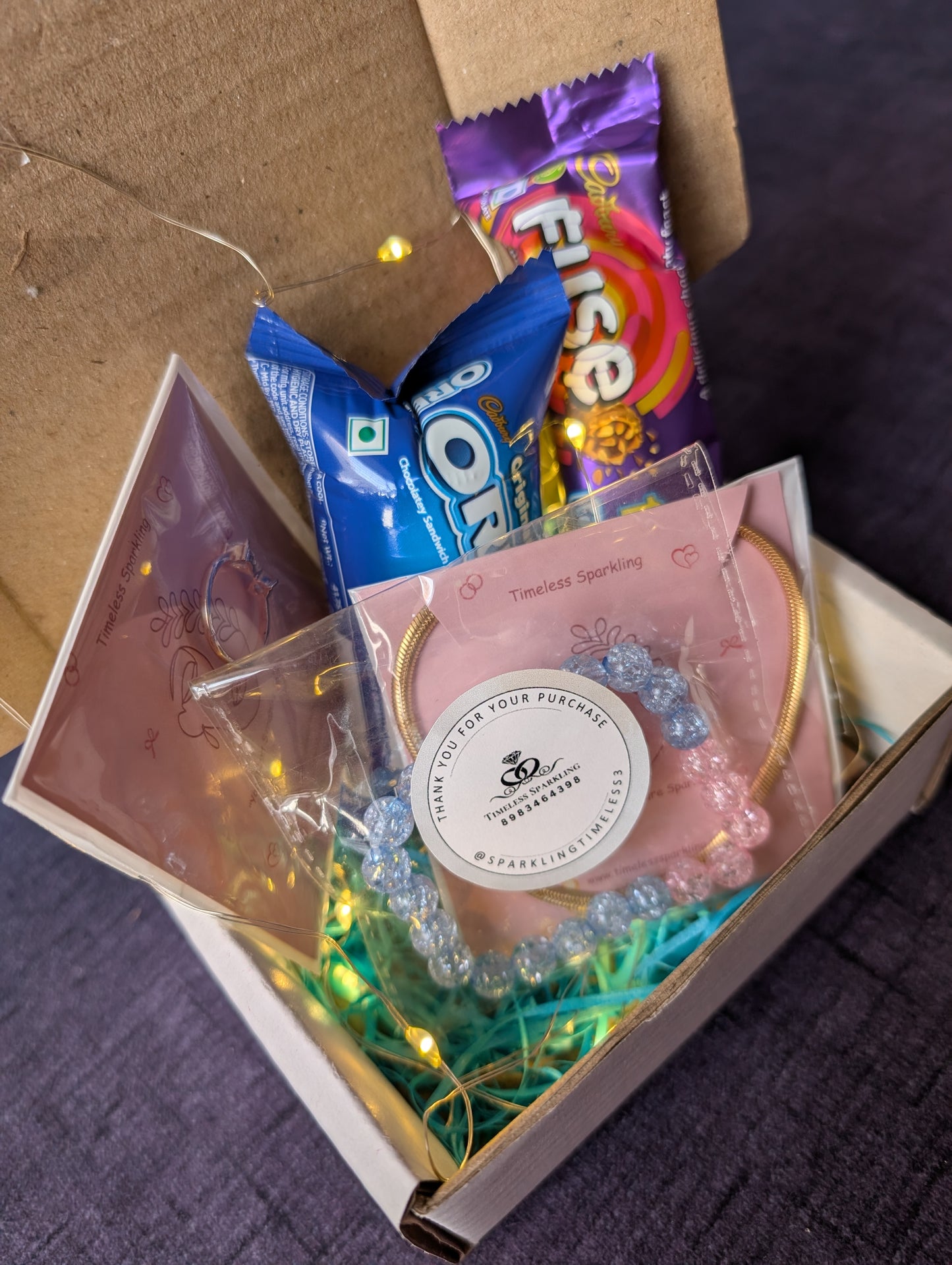 Trendy Gift Hamper for Her: Jewelry, Oreo Cookies & Dairy Milk Fuse Chocolate Box