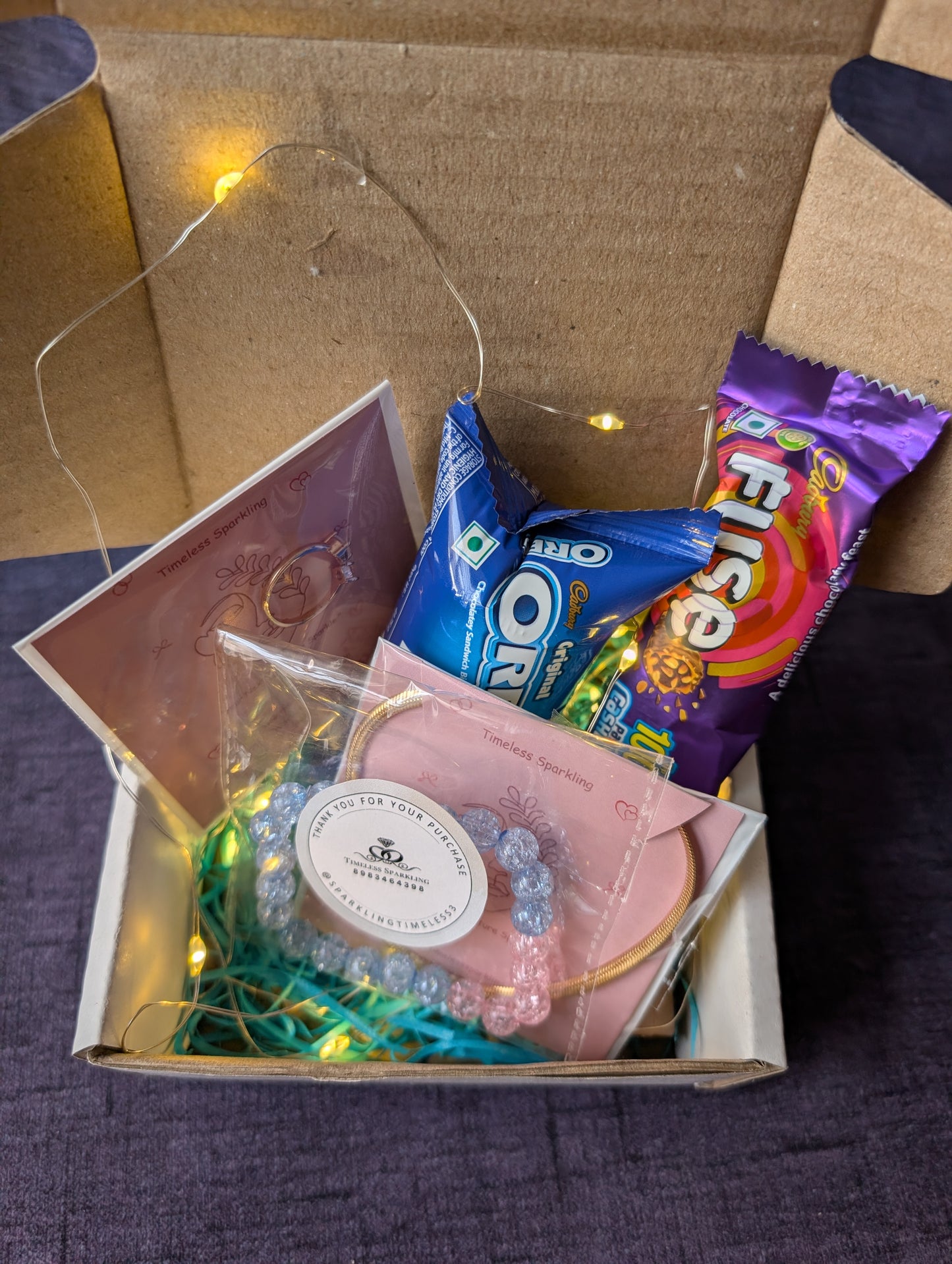 Trendy Gift Hamper for Her: Jewelry, Oreo Cookies & Dairy Milk Fuse Chocolate Box