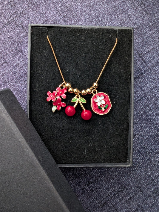 Dainty Cherry and Floral Charm Necklace - Gold Snake Chain with Red Enamel Fruit & Rose Pendants - Cottagecore Jewelry Gift for Her