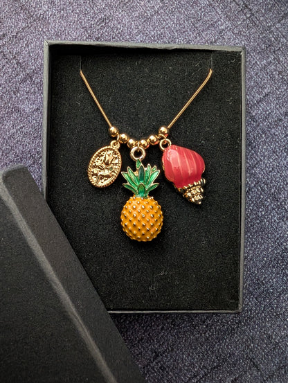 Gold Tropical Charm Necklace with Pineapple, Pink Seashell, and Rose Medallion – Summer Jewelry Gift