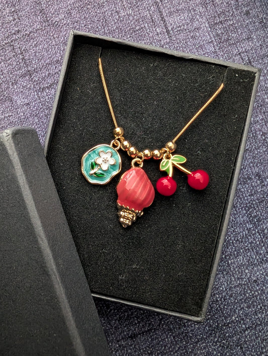 Summer Charm Pendant Necklace | Cherry, Shell, and Flower Enamel Charms | Dainty Gold Snake Chain