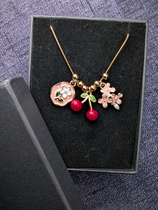 Whimsical Gold Charm Necklace - Cherry, Blossom & Medallion Trio | Dainty Cottagecore Jewelry for Women