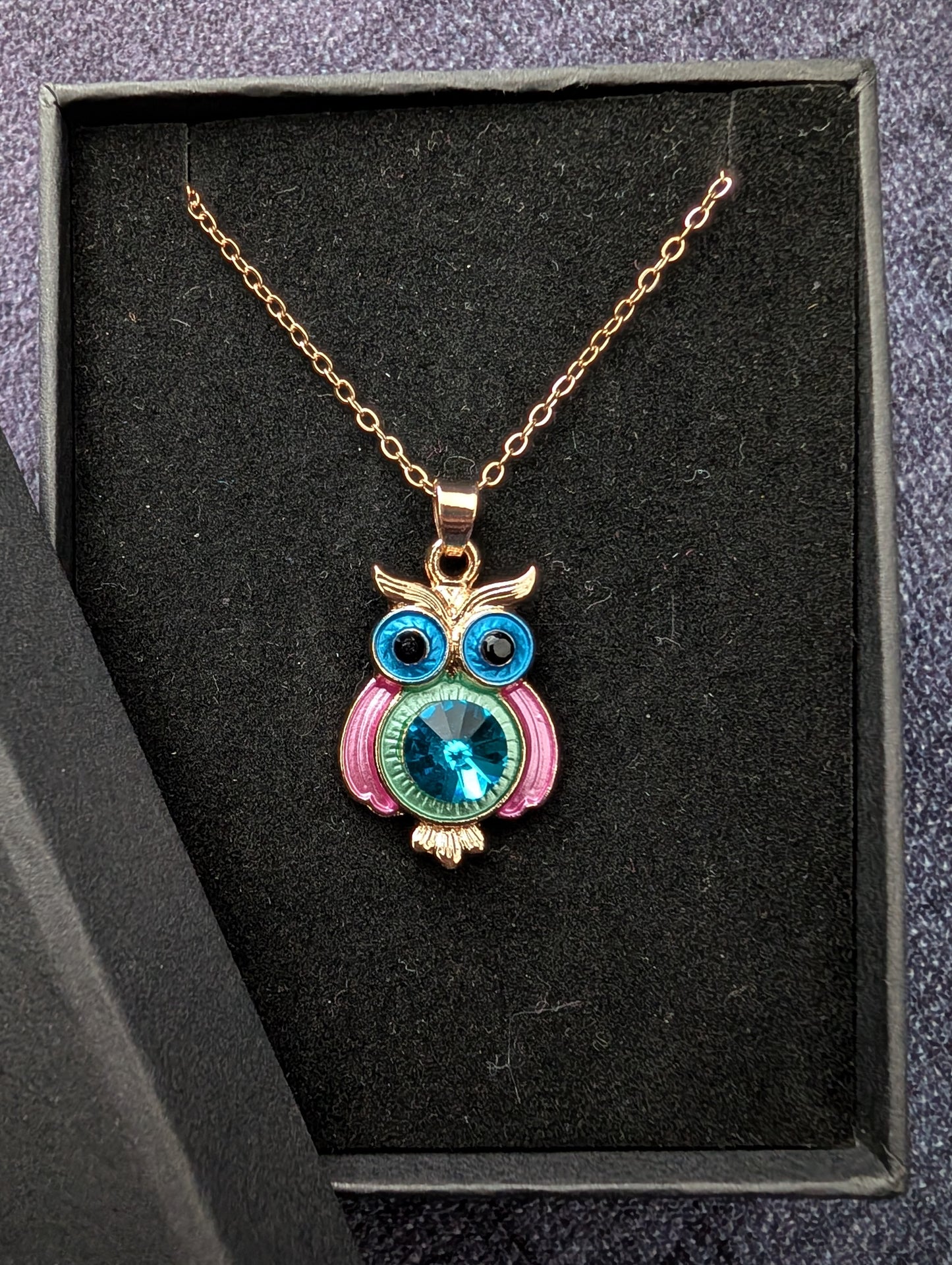 Vibrant Enamel Owl Pendant Necklace – Rose Gold Tone Boho Jewelry with Blue Crystal Accent