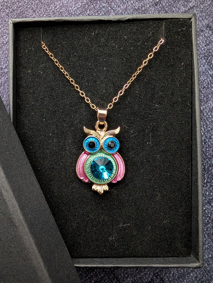 Vibrant Enamel Owl Pendant Necklace – Rose Gold Tone Boho Jewelry with Blue Crystal Accent