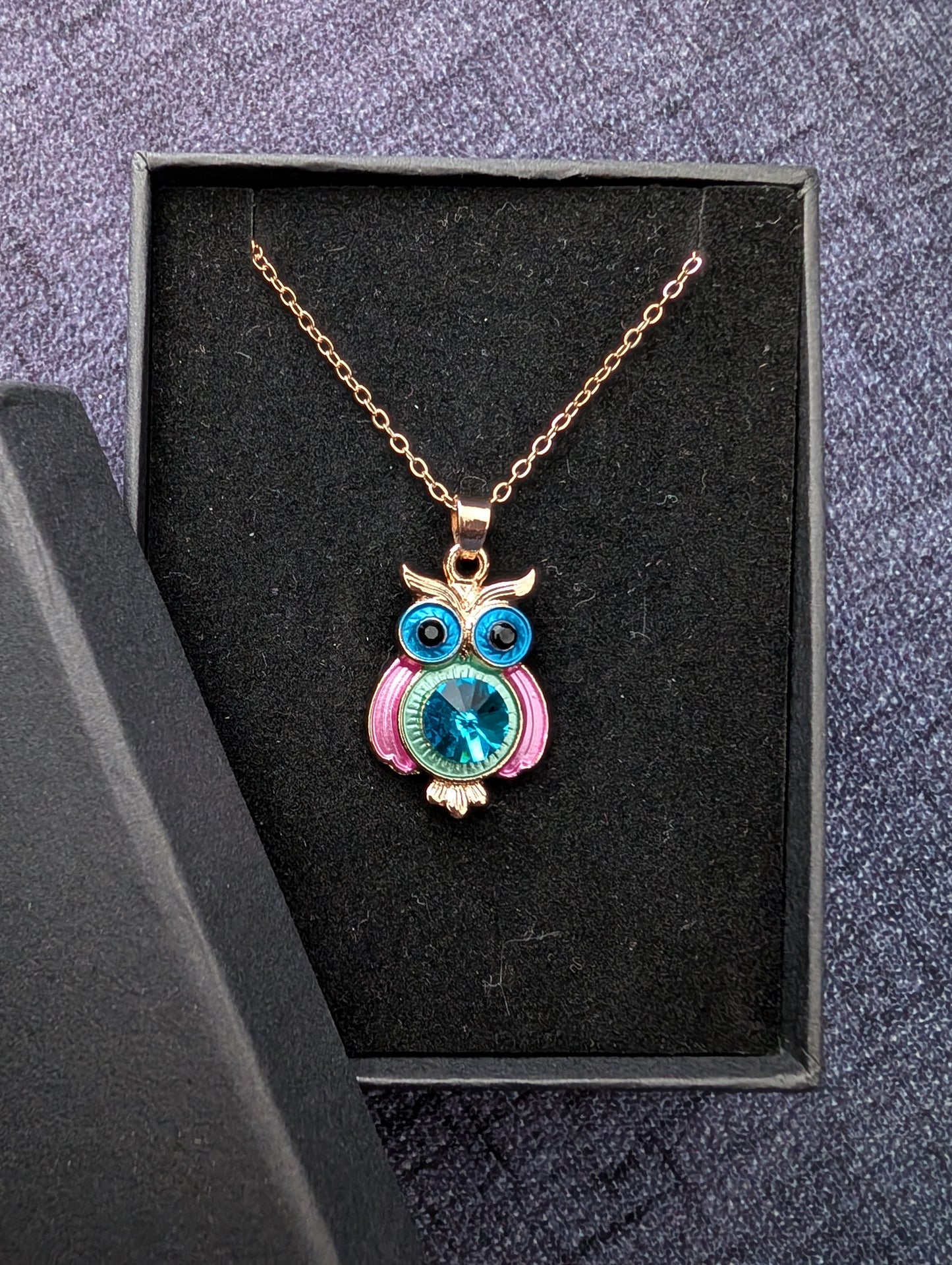 Vibrant Enamel Owl Pendant Necklace – Rose Gold Tone Boho Jewelry with Blue Crystal Accent
